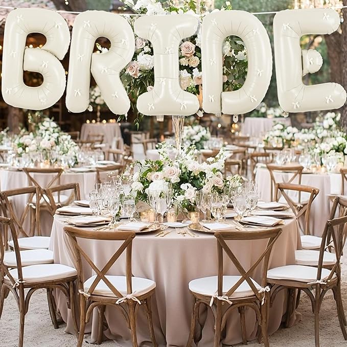 40Inch Beige BRIDE Balloons Bachelorette with Cream Bows, Giant Sand White BRIDE Mylar Foil Letter Balloon, Bride To Be Banner Sign for Bridal Shower Engagement Wedding Photo Booth Party Decorations