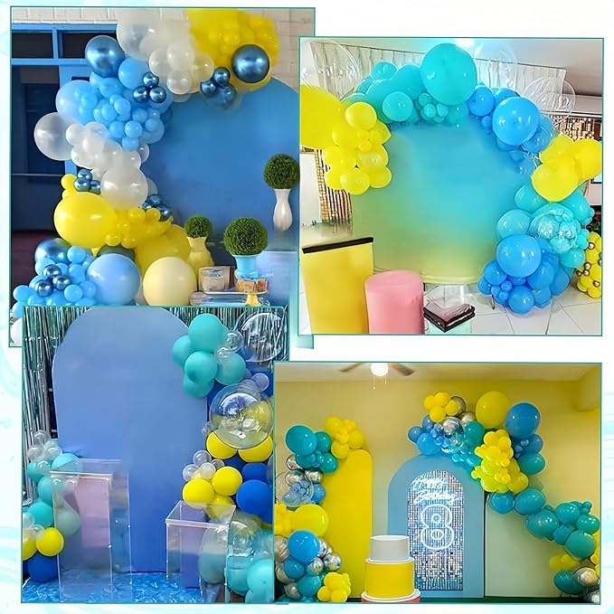 Blue Yellow Balloons Arch Garland Kit, 114Pcs Cartoon Style Light Blue Lemon Yellow Teal Green Latex Balloon Set with Long Balloon for Sea Theme Kids Birthdays Baby Shower Party Decorations