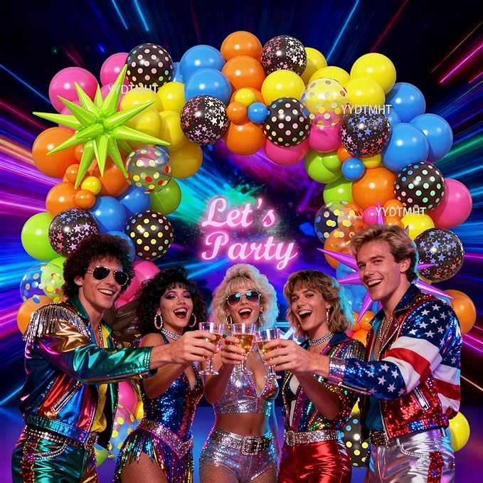 90s 80s Neon Balloon Arch Kit, 152pcs Disco Theme Party Decorations with Foil Star UV Neon Luminous Fluorescent Balloons for Back to 90s 80s Hip Hop/Disco Birthday Supplies, Rock Roll Party
