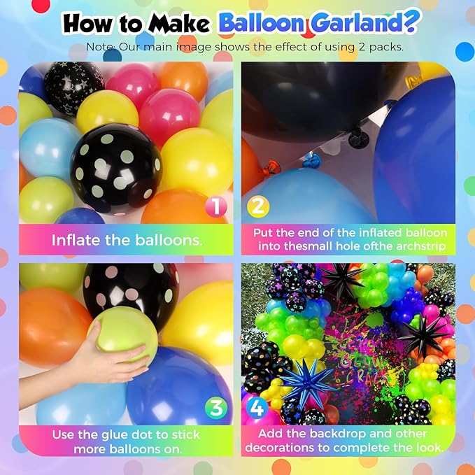 185Pcs Neon Balloons Arch Garland Kit with Glow in the Dark Balloons, Neon Balloons Arch Kit for Back to 80s 90s DISCO Birthday Party Decorations, Let's Glow Party, Rock Roll Party Supplies