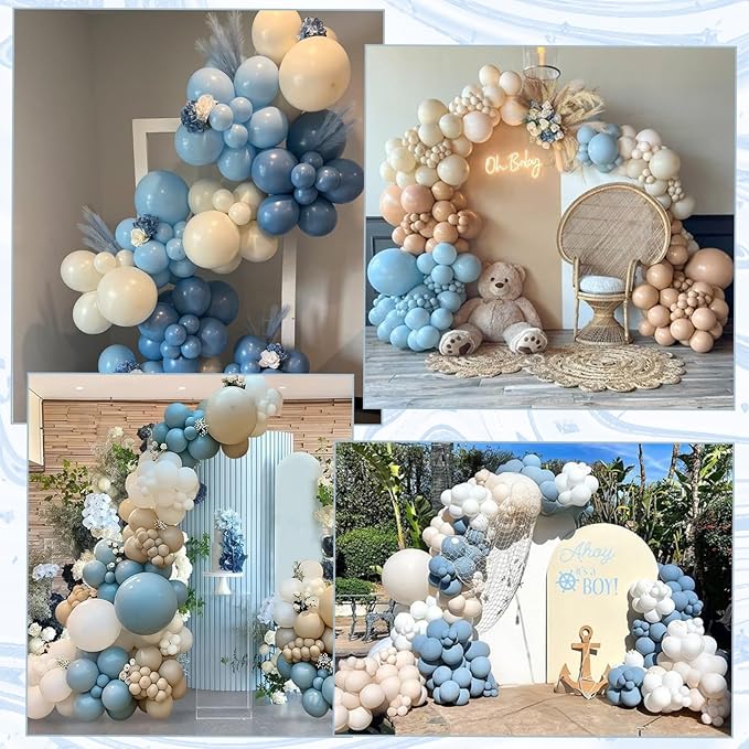 Dusty Baby Blue Balloon Arch Kit, Blue Beige Balloons Garland Slate Fog Baby Blue Ivory White Balloons with 3PCS 18Inch Clear Balloons for Men Boy Baby Shower Christening Birthday Party Decorations