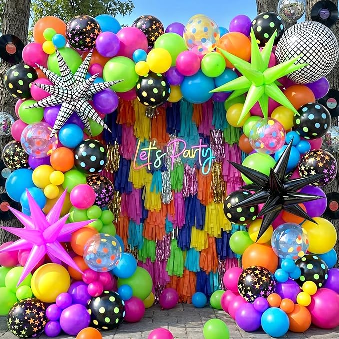 Neon Balloons Arch Garland Kit with Yellow Hot Pink Lime Green Orange Blue Neon Balloons for Back to 80s 90s Disco Birthday Party Decorations, Let's Glow Party, Rock Roll Party Supplies