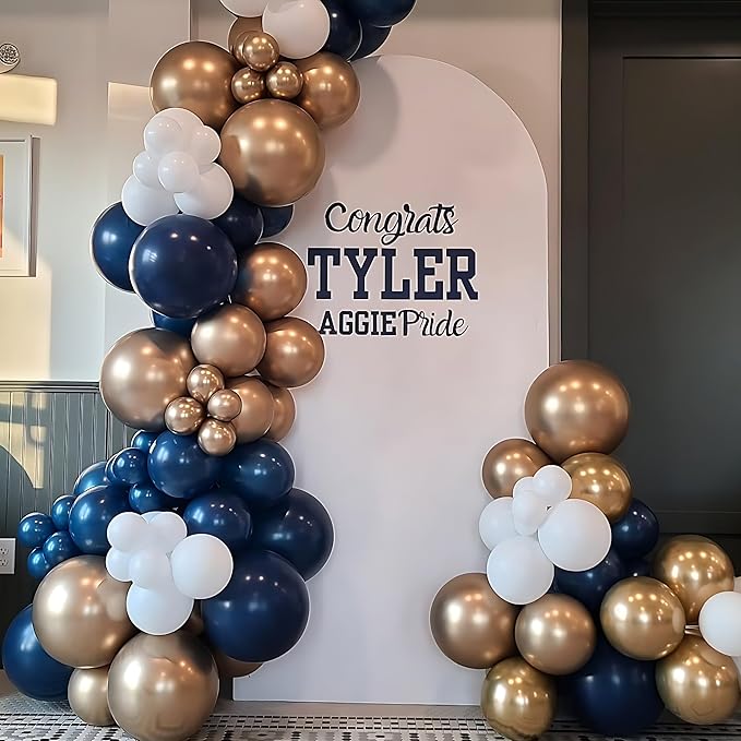 Navy Blue and Gold Balloons Arch Garland Kit with Explosion Star Balloons, 5/10/12/18 inch Navy Blue White and Gold Balloon for Anniversary Wedding New Year Birthday Party Decorations
