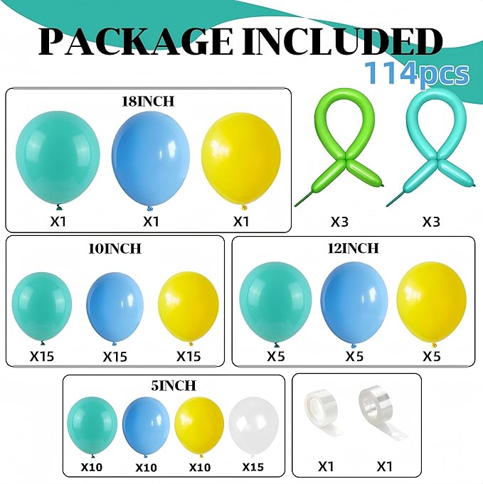 Blue Yellow Balloons Arch Garland Kit, 114Pcs Cartoon Style Light Blue Lemon Yellow Teal Green Latex Balloon Set with Long Balloon for Sea Theme Kids Birthdays Baby Shower Party Decorations