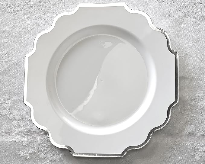 " OCCASIONS " 120 Plates Pack,(60 Guests) Heavyweight Wedding Party Disposable Plastic Plates Set -60 x 10.5'' Dinner + 60 x 8'' Salad/Dessert Plate (Imperial in White & Silver Rim)