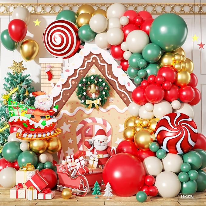 Christmas Balloon Arch Kit, Red Green Nude Metallic Gold Balloons with Santa Candy Lollipop Foil Balloons for Christmas Party Decorations Xmas Eve New Year Holiday Party Supplies