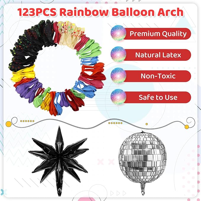 Amandir Glow in the Dark Party Decorations, 80S Disco Rainbow Balloon Arch Garland Kit with Foil Star UV Neon Luminous Fluorescent Balloons 9.8ft Streamer Garland for Back to 90S Prom Birthday Decor