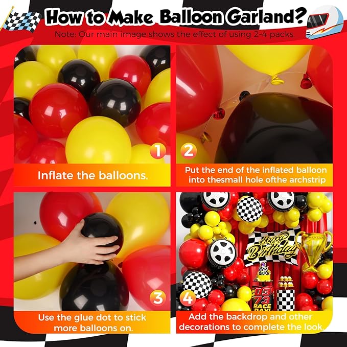 Race Car Balloon Arch Garland Kit, 154pcs Different Size Tire Flags Checkered Black Red Yellow Balloons Arch Kit for Racing Car Two Fast Theme Boy Birthday Anniversary Party Decorations
