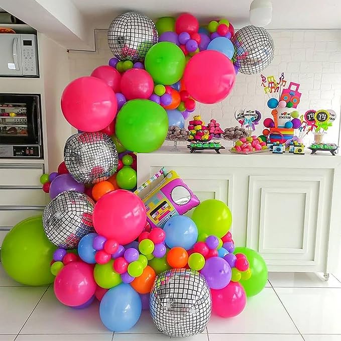 Back to 80s 90s Party Decorations, Rainbow Neon Disco Balloon Garland Arch Kit, Retro Disco Radio Foil Balloon for Retro Birthday Party Decorations Hip Hop Rock Photo Props Backdrop