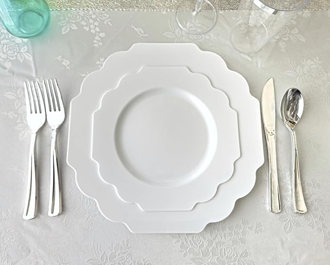 " OCCASIONS " 120 Plates Pack,(60 Guests) Heavyweight Wedding Party Disposable Plastic Plates Set -60 x 10.5'' Dinner + 60 x 8'' Salad/Dessert Plate (Imperial White)