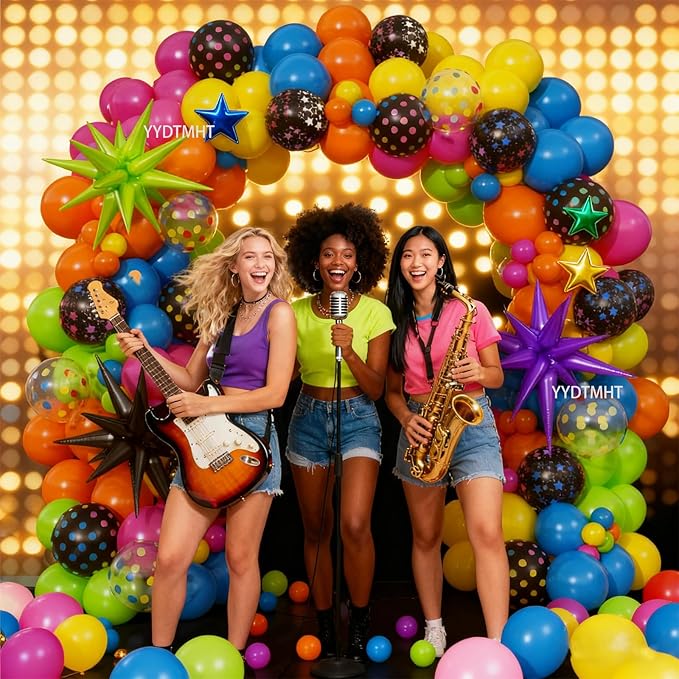 90s 80s Neon Balloon Arch Kit, 152pcs Disco Theme Party Decorations with Foil Star UV Neon Luminous Fluorescent Balloons for Back to 90s 80s Hip Hop/Disco Birthday Supplies, Rock Roll Party
