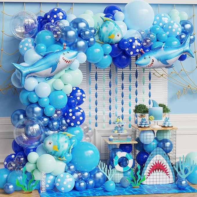 Under the Sea Party Decorations 156Pcs Blue Green Shark Balloon Arch Garland Kit with Shark Clownfish Foil Balloons for Shark Week Ocean Animals Theme Kids Boys Birthday Party Baby Shower Supplies