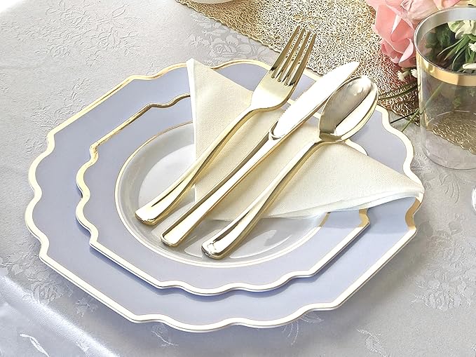 " OCCASIONS " 240 Plates Pack (120 Guests) Heavyweight Wedding Party Disposable Plastic Plates Set -120 x 10.5'' Dinner + 120 x 8'' Salad/Dessert Plate (Imperial in White/Blue & Gold)