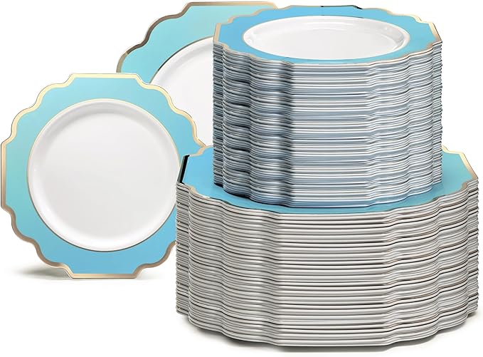 " OCCASIONS " 240 Plates Pack (120 Guests) Heavyweight Wedding Party Disposable Plastic Plates Set -120 x 10.5'' Dinner + 120 x 8'' Salad/Dessert Plate (Imperial Aqua/Gold)
