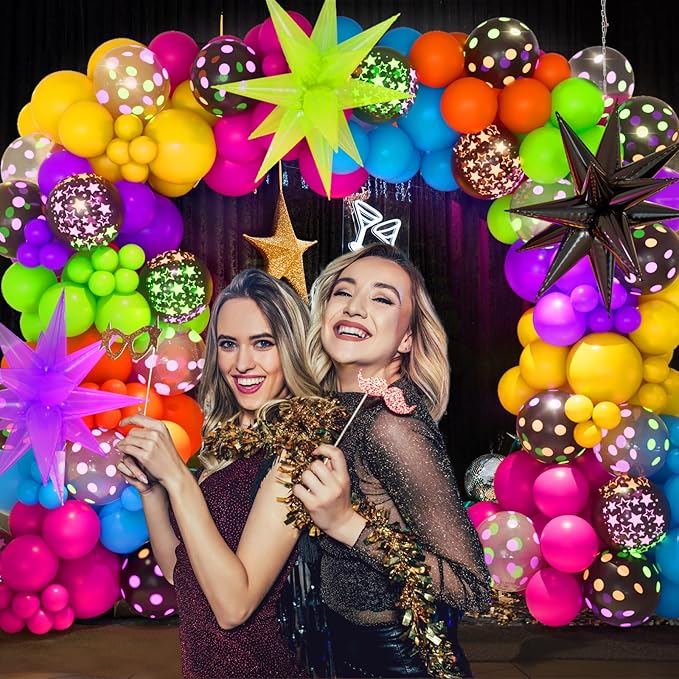 DBKL 190Pcs Neon Balloons Arch Garland Kit with Glow in the Dark Neon Balloons, Rainbow DISCO Birthday Party Decorations for Back to 80s 90s Birthday Disco Party Supplies