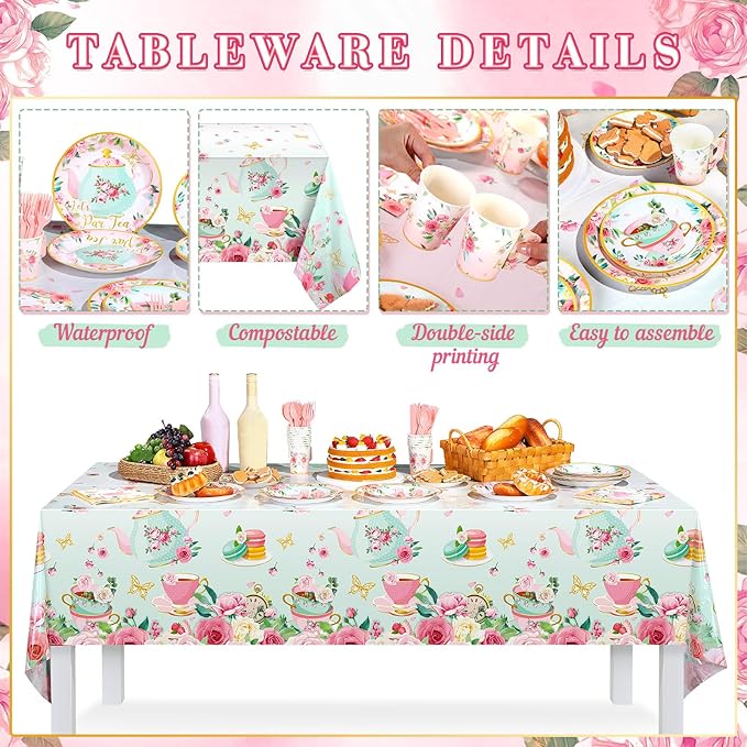 Havawish 165 Pcs Floral Tea Party Decorations Birthday Supplies Girls Women Tea Party Backdrop Tablecloth Balloon Birthday Paper Plate Napkin Tableware Set Disposable for Lets Partea Baby Shower