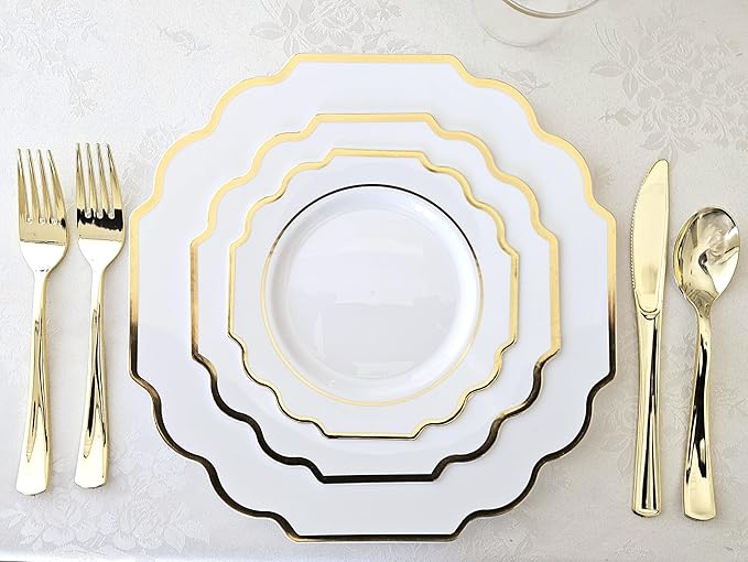 " OCCASIONS " 240 Plates Pack (120 Guests) Heavyweight Wedding Party Disposable Plastic Plates Set -120 x 10.5'' Dinner + 120 x 8'' Salad/Dessert Plate (Imperial White & Gold)