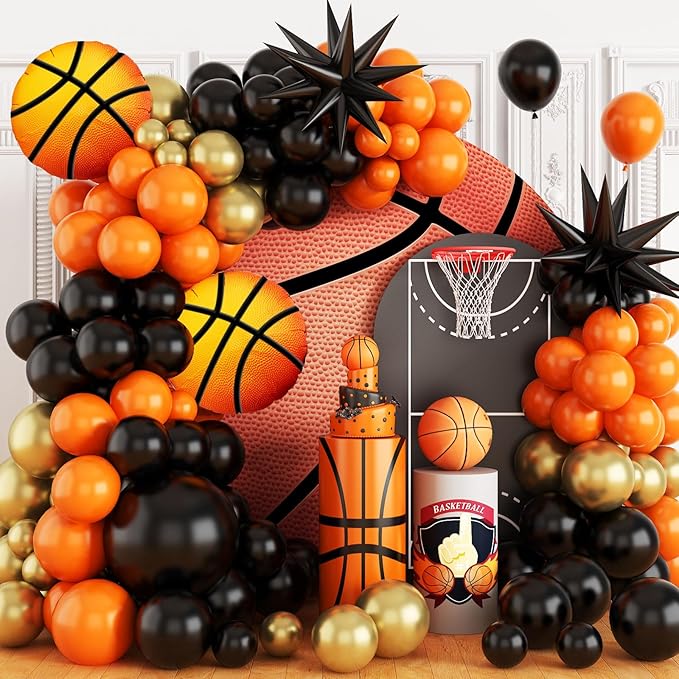 Basketball Balloon Arch Kit, 108Pcs Black Orange and Metallic Gold Balloon Garland Kit with Black Explosion Star and Basketball Foil Balloons 18 10 5 Inch for Boys Men Birthday Party Supplies