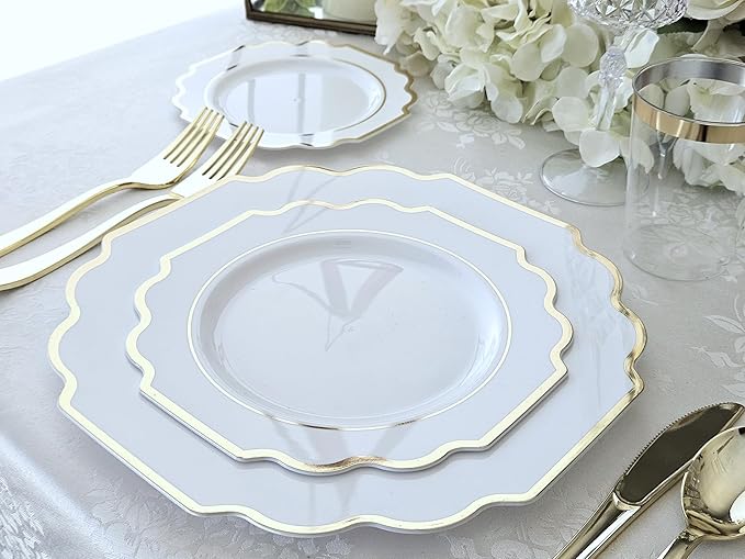 " OCCASIONS " 240 Plates Pack (120 Guests) Heavyweight Wedding Party Disposable Plastic Plates Set -120 x 10.5'' Dinner + 120 x 8'' Salad/Dessert Plate (Imperial White & Gold)