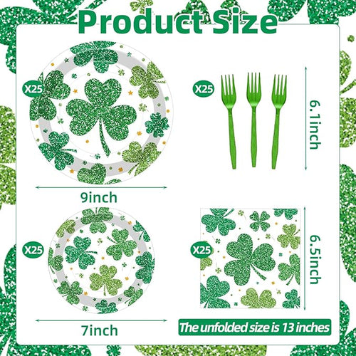 100 Pcs St. Patrick’s Day Shamrock Tableware Party Supplies Set, Serves 25 – Disposable Green Clover Paper Plates, Napkins, and Forks for Irish Celebration, Lucky Party, or Spring Festival Decorations