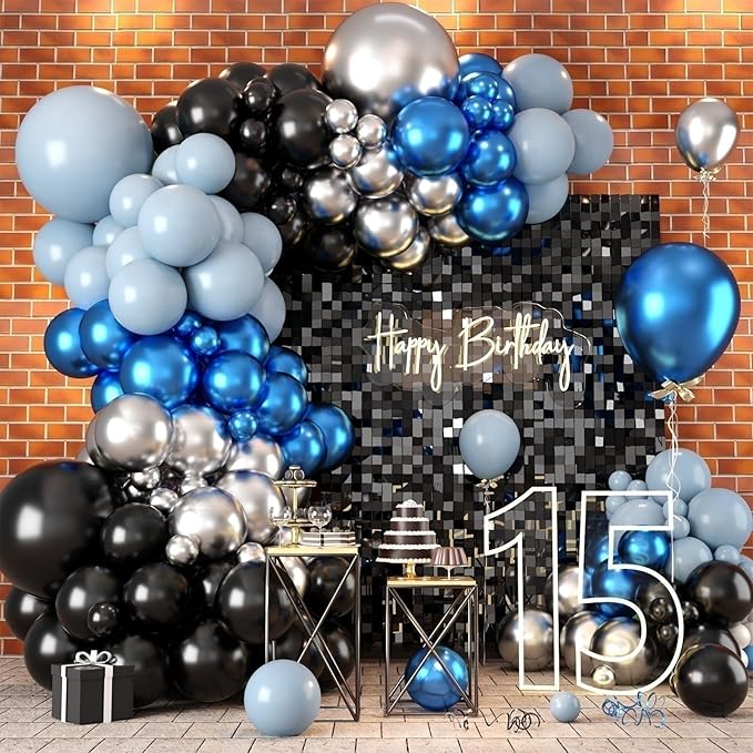 Metallic Blue and Black Balloons Arch Garland Kit, 118PCS Baby Light Blue Metallic Silver Latex Balloon for Birthday Bride Baby Shower Gender Reveal Graduation Wedding Party Decorations Supplies