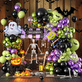 Halloween Balloon Arch Garland Kit, Black Green Purple Metallic Confetti Ghost Witch Foil Balloons with 3D Bat Stickers for Halloween Baby Shower Party Decorations Cosplay Theme Party