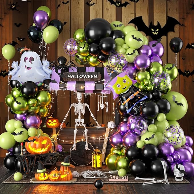 Halloween Balloon Arch Garland Kit, Black Green Purple Metallic Confetti Ghost Witch Foil Balloons with 3D Bat Stickers for Halloween Baby Shower Party Decorations Cosplay Theme Party