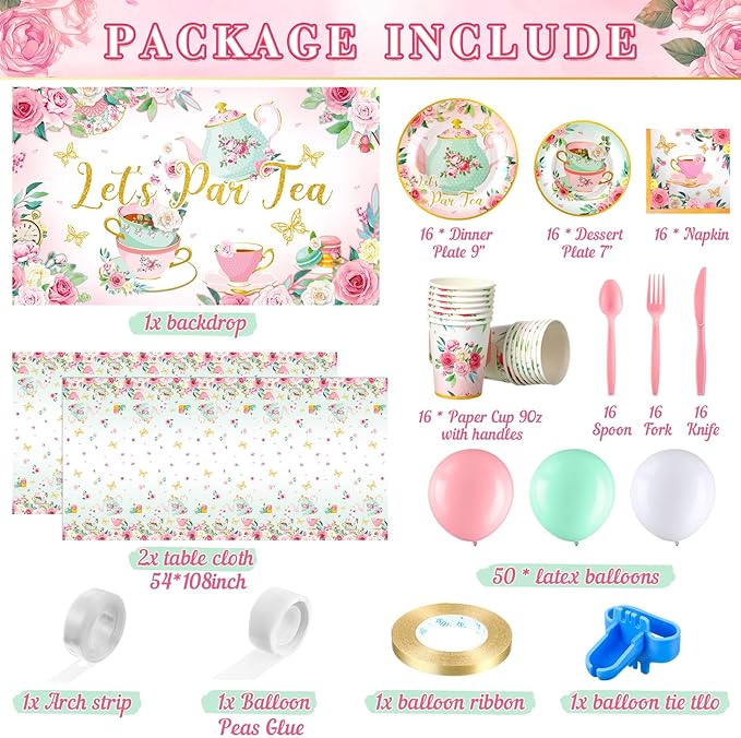 Havawish 165 Pcs Floral Tea Party Decorations Birthday Supplies Girls Women Tea Party Backdrop Tablecloth Balloon Birthday Paper Plate Napkin Tableware Set Disposable for Lets Partea Baby Shower