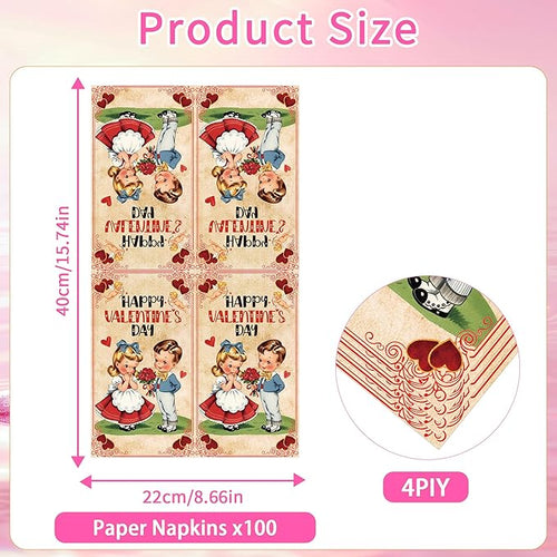 100 Pcs Valentines Day Napkins, Retro Vintage Kids Cupid Hearts Party Disposable Paper Napkins, Valentine Table Decorations for Couples Classroom Events (6.5" × 13" Fold)