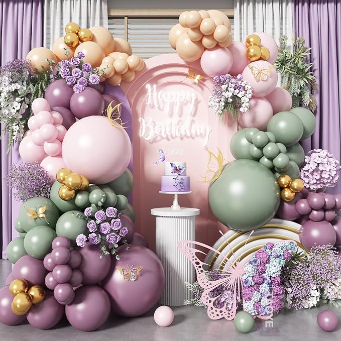 Dusty Green Purple Pink Balloon Arch Kit Fairy Wonderland Birthday Party Decorations Fairy Balloon Garland Dusty Green Pastel Pink Lavender Purple Balloons for Girls Fairytale Tea Party Supplies