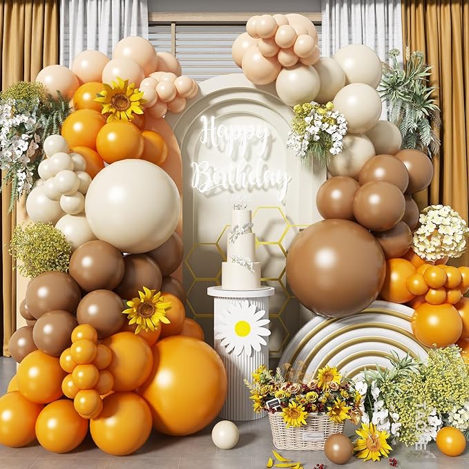 Fall Balloon Arch Kit, 121Pcs Thanksgiving Balloon Garland, Yellow Brown Beige Ivory Apricot Khaki Balloons for Autumn Fall Birthday Harvest Baby Shower Bee Sunflower Theme Party Decorations