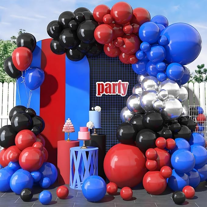 Red Blue Black Balloon Arch Kit, Royal Blue Red Black Garland Kit with Metallic Silver Latex Balloon for Theme Party Boys Kids Birthday Baby Shower Graduation Baseball Party Decorations