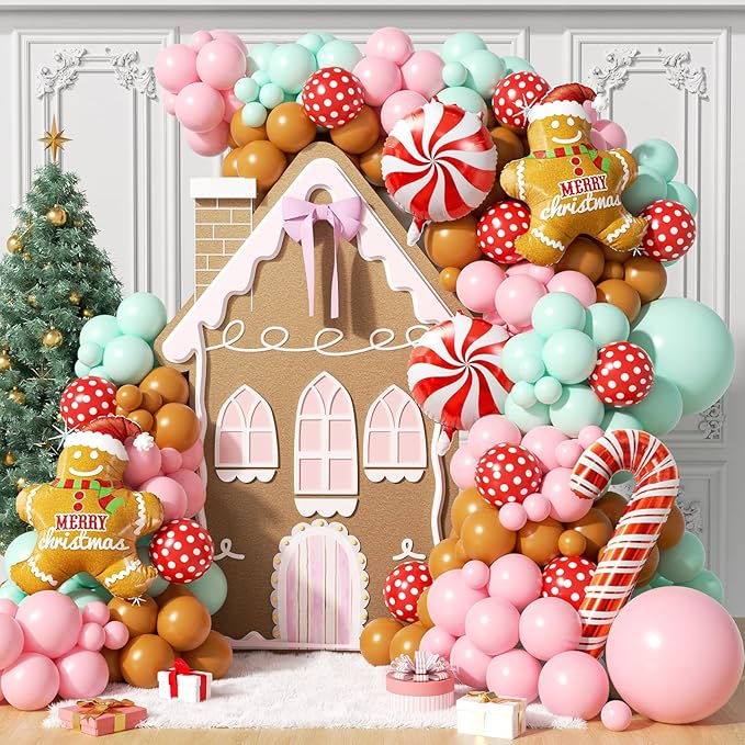 153Pcs Christmas Balloon Arch Garland Kit Xmas Pastel Pink Green Brown Latex Balloons Gingerbread Man Candy Cane Foil Balloons Arch Kit for Christmas New Year Party Birthday Party Decorations