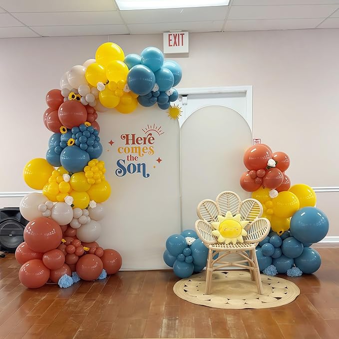 Here Comes the Son Balloon Arch Kit, 128pcs Retro Blue and Yellow Balloons Garland kit, Slate Blue and Beige Balloon for kids Baby Shower Gender Reveal Birthday Boho Anniversary Party Decoration