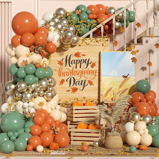 Fall Balloon Garland Arch Kit, Burnt Orange Sage Green White Nude Metallic Gold Balloons Garland Kit for Thanksgiving Autumn Fall Birthday Baby Shower Party Decorations