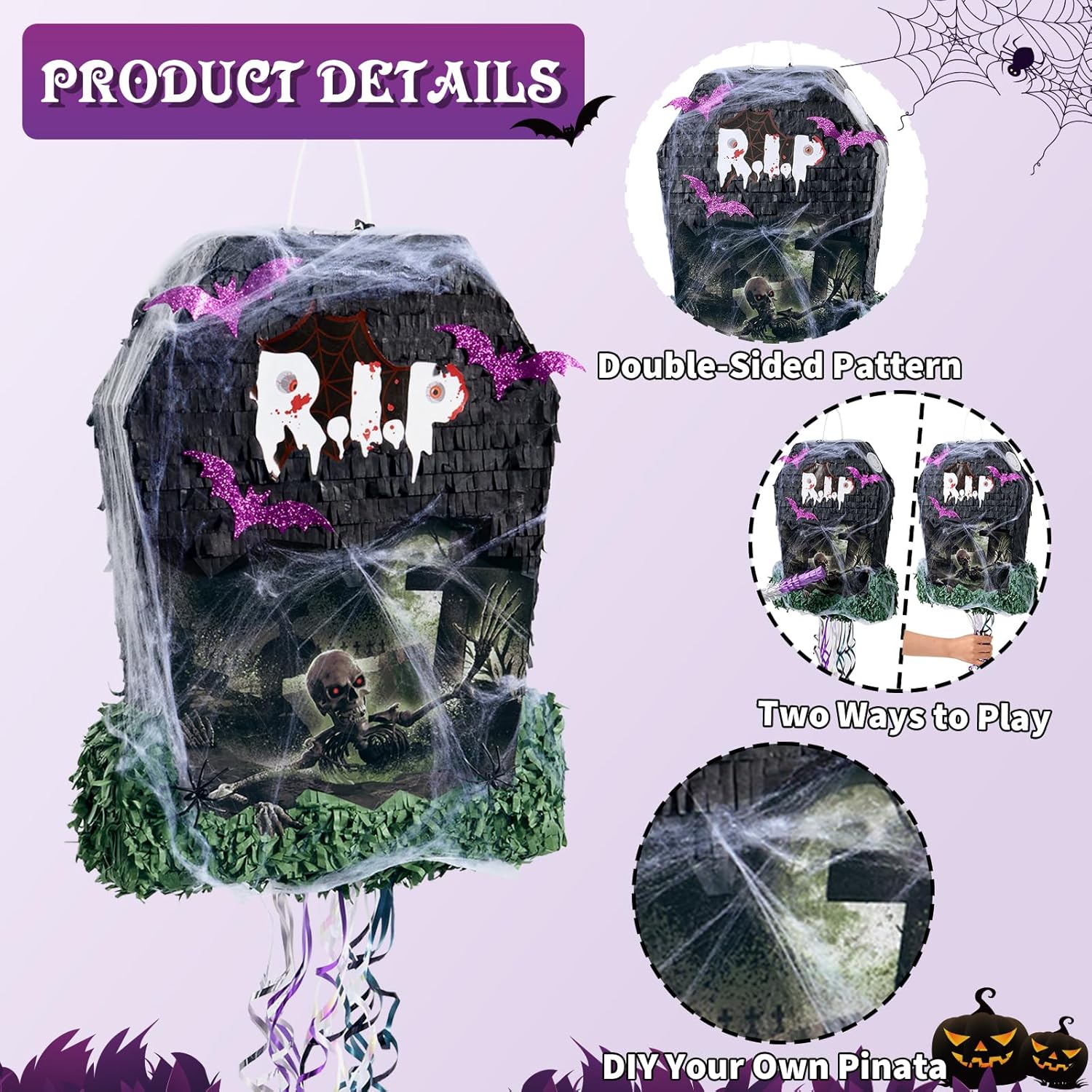 WERNNSAI Halloween Tombstone Piñata - Tombstone Bat Pinata Halloween Party Decor Favors for Kids Birthday Games Rip to Adults Birthday Decorations with Bat Blindfold