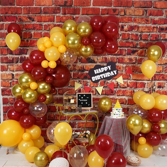 Magic Wizard School Party Decorations, Burgundy Yellow Gold Confetti Harry Magic Fall Balloon Garland Kit, Dark Wine Red Maroon Yellow Potter Balloon Arch for Kid Autumn Birthday Theme Party Supplies
