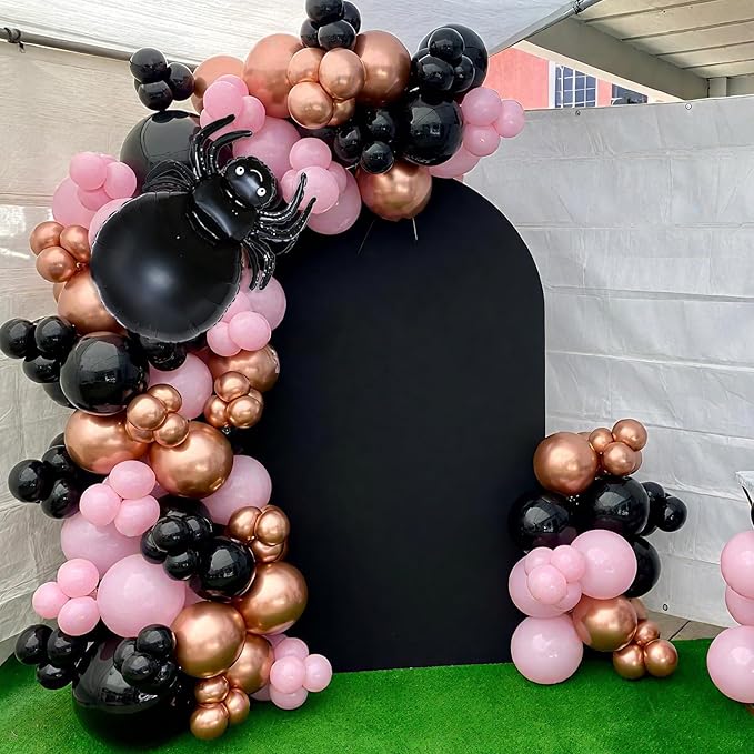 Halloween Balloon Arch Garland Kit, Black Pink Rose Gold Spider Foil Balloons with 3D Bat Stickers and Spider Webs for Girls Halloween Party Spooky Birthday Day Party Decorations