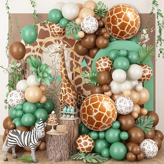 Jungle Safari Balloon Garland Arch Kit, 118pcs Sage Green Brown Balloons Arch Animal Print Latex Balloons with 4D Giraffe Foil Balloons for Tropical Wild Theme Boys Birthday Baby Shower Wedding