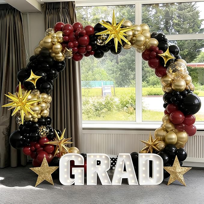 Black Burgundy Gold Balloons Arch Kit, Maroon Black Gold Balloons Arch Garland, 98Pcs Black Red Metallic Gold Balloons with Stars Balloon for Birthdays Retirement Graduation Celebrations Class of 2025