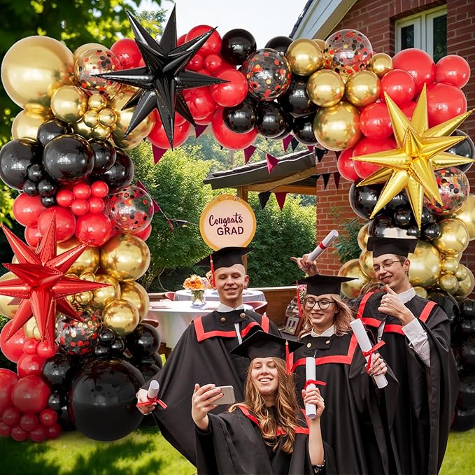 DBKL Red Black Gold Balloons Garland Arch Kit with Red Black and Gold Confetti Explosion Star Balloons for Graduation Birthday Casino Night Hollywood New Years Party Decorations