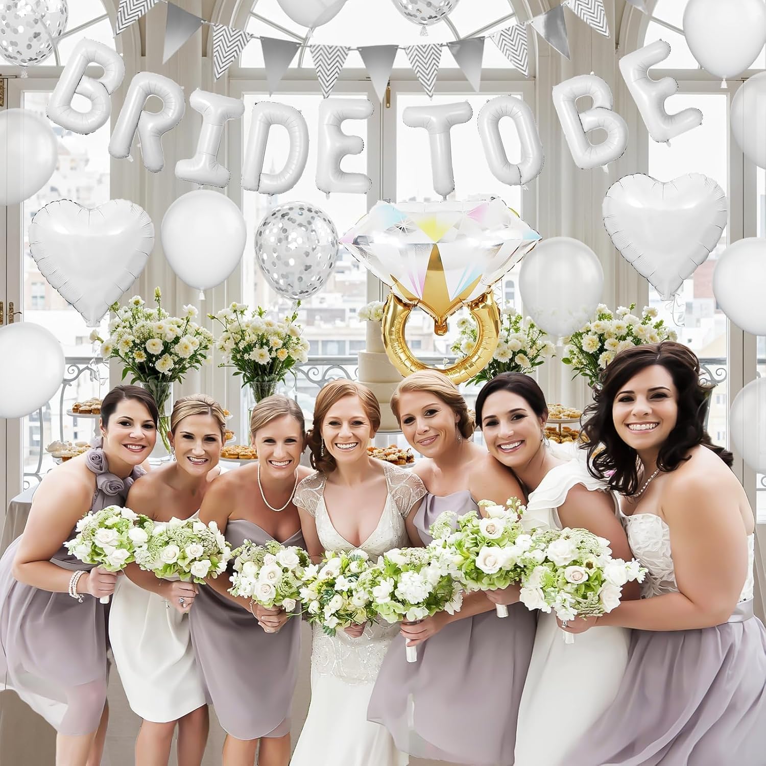 White Bachelorette Party Decorations, White Bride To Be Bridal Shower Balloons Decorations, Silver Confetti Balloon with Diamond Ring Heart Balloon for Bachelorette Engagement Wedding