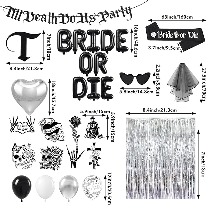 Bride or Die Bachelorette Party Decorations 100pcs with Till Death Do Us Party Banner Balloons, Swirl Fringe Curtains Shoulder Strap Veil for Til Death Do Us Party Bachelorette Party Supplies