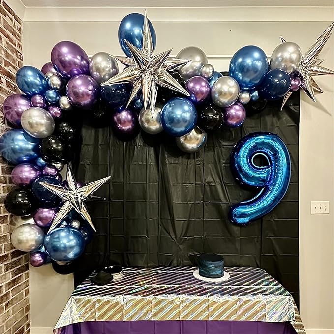 Outer Space Balloon Garland Arch Kit, Galaxy Theme Birthday Party Decorations for Boys, Metallic Chrome Blue Purple Silver Explosion Star Balloon Garland Kit for Kids Baby Shower Party Decor Supplies
