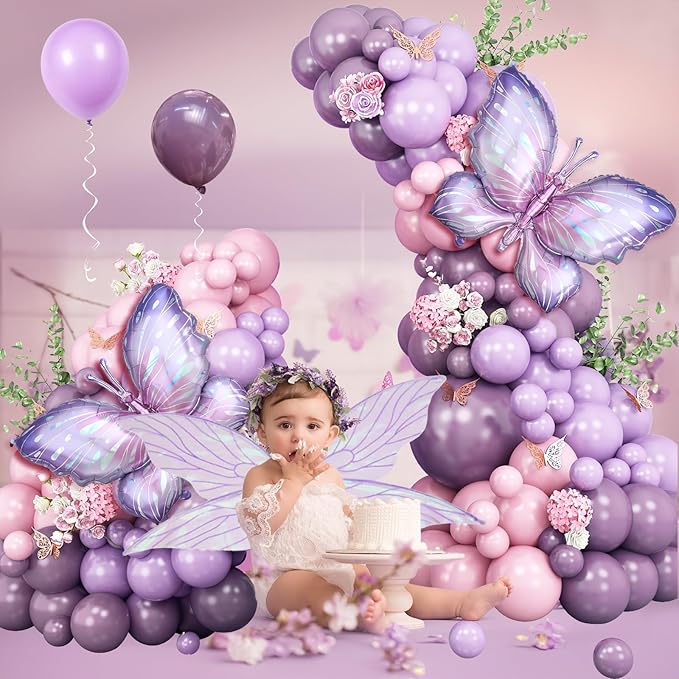 Butterfly Balloons Garland Arch Kit, 110pcs Purple Pink Balloon Arch Kit 18/10/5 Inch Lavender Maca Pink Balloon with Butterfly Sticker for Girl Women Birthday Baby Shower