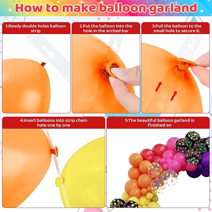 Amandir Glow in the Dark Party Decorations, 80S Disco Rainbow Balloon Arch Garland Kit with Foil Star UV Neon Luminous Fluorescent Balloons 9.8ft Streamer Garland for Back to 90S Prom Birthday Decor