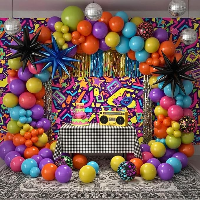 Neon Balloon Arch Kit, 122Pcs Bright Orange Green Blue Hot Pink Yellow Purple Black Rainbow Balloons with Foil Star Balloons for 80s 90s Neon Party Rainbow Birthday Decorations Disco Party Backdrop