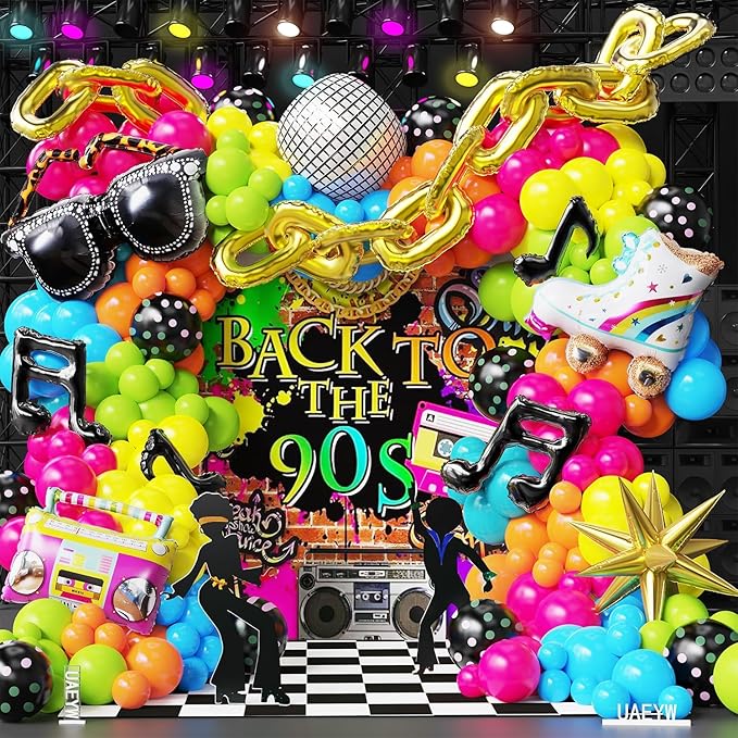 80s 90s Disco Theme Party Decorations, 161Pcs Rainbow Balloon Arch Garland Kit with Retro Radio Glasses Roller Skate Disco Ball Musical Note Chain Foil Balloons for Back to 80s 90s Hip Hop Birthday