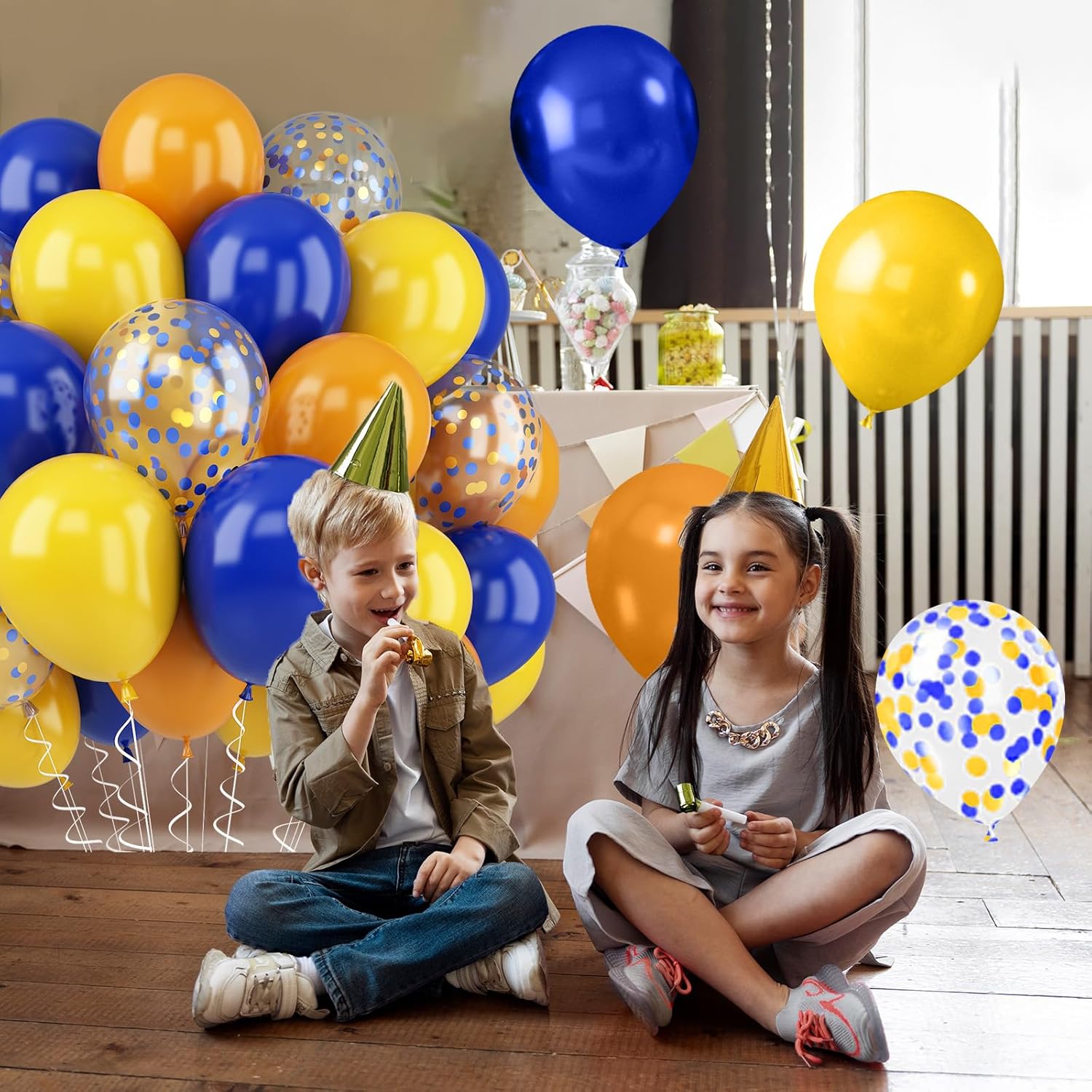 52 PCS 12 Inch Retro Blue and Yellow Matte Balloons with Confetti for Birthday Party Decorations