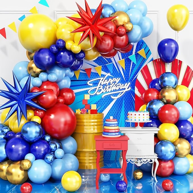 Red Blue Yellow Balloon Arch Kit, 120 Pcs Carnival Circus Balloon Garland Kit, Red Metallic Blue Gold Balloon with Explosion Star Foil Balloons for Kids Birthday Carnival Theme Party Decorations